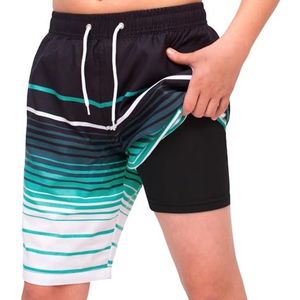 MEILONGER Zwembroek voor jongens, 2-in-1 zwemshorts voor kinderen, sneldrogend, boardshorts, badmode, zwembroek met compressie binnenbroek, verstelbaar trekkoord, 21001 + gestreept zwart blauw wit,