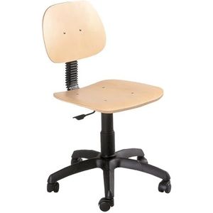 Werkstoel IND103 van hout, beuken helder gelakt, traploze zithoogteverstelling met toplift en kunststof kruisvoet