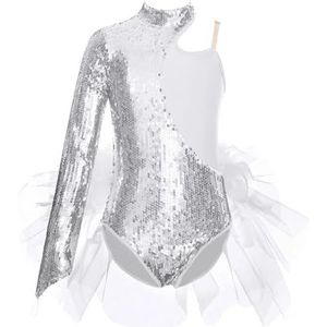 Gymnastiekpak voor kinderen, pailletten, glitter, tule met rok, tutu, balletbody, kinderen, asymmetrische mouwen, gymnastiekpak, balletpak, danspak, skating, kostuum voor meisjes van 6-16 jaar