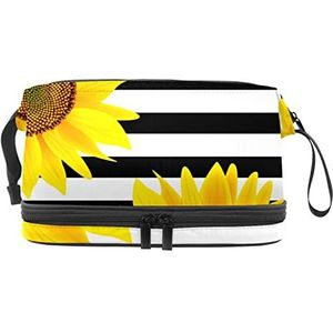 Dubbele Laag Cosmetische Tas Zonnebloem Streep Draagbare Make-up Tas Reizen Organizer Pouch voor Vrouwen Meisjes Toiletartikelen Tassen, Meerkleurig, 27x15x14 cm/10.6x5.9x5.5 in, Make-up zakje