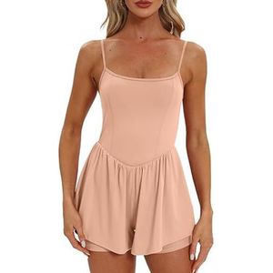 Jumpsuit for dames 2024 zomermode hemdje jumpsuit jurk broek dubbele voering korte sport jumpsuit(Color:Pink,Size:L)