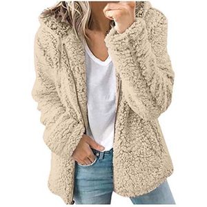 Kanpola Pluche jas voor dames, winterjas, teddy warme hoodie, pullover met capuchon, winter, ritssluiting, capuchonjas met zak, effen, casual jas, mantel, bovenstuk, kaki, XXL