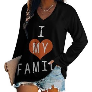 I Love My Family Casual T-shirts met lange mouwen voor dames, V-hals, bedrukte grafische blouses, T-tops, 2XL
