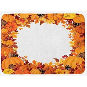 Agriism Thanksgiving badmat, cartoonstijl rond frame met oranje pompoen en droge bladeren, pluche badkamer decoratiemat met antislip achterkant, 76 x 45 cm