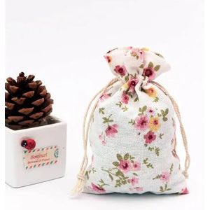 Hessische tassen linnen katoenen tas mousseline cosmetica geschenken sieraden verpakking zakken schattig trekkoord geschenkzakje en zakjes (kleur: roze bloemen, maat: 15 x 20 cm 5 stuks)