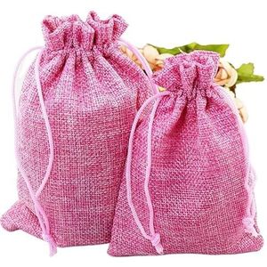 Jute zakken, Hessische tassen 50 stuks geschenkzakje vintage stijl natuurlijke jute linnen sieraden reizen opbergzakje mini snoep jute verpakkingszakken kerst geschenkdoos (kleur: roze, maat: 13 x 18