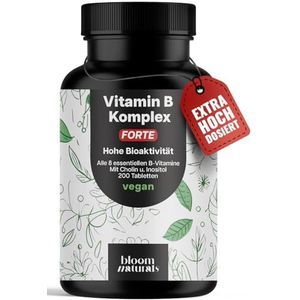 Vitamine B-complex hooggedoseerd – 200 tabletten – Alle 8 essentiële B-vitamines (B1, B2, B3, B5, B6, B7, B9, B12) met choline & inositol – Veganistisch & geproduceerd in Duitsland –Laboratoriumgetest