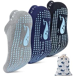 TENQUAN Yoga Sokken voor Dames e Herren met Nubs 3 Paar Antislip Sokken voor Yoga, Pilates, Fitness, Blote Voettraining (37-44, Zwart Grijs Blauw)
