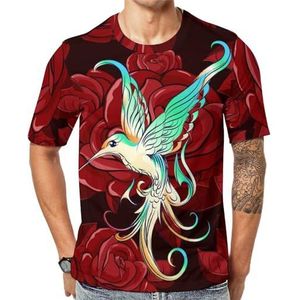 Mooie kolibrie met roos grafische T-shirt met korte mouwen voor heren ronde hals print casual T-shirt 5XL