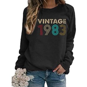 VINTAGE 1983 Bedrukte Hoodies Dames Fleece Lange mouw O-hals Losse Sweatshirt Meisjes Dames Hoodie Truien Winter-Zwart,M