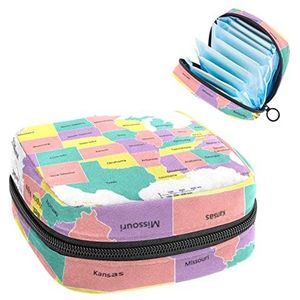 Verenigde Staten Kaart Kennis, Periode Pouch Draagbaar,Tampon Opbergtas,Tampon Houder voor Portemonnee Vrouwelijke Product Organizer, Meerkleurig, 4.7x6.6x6.6 in/12x17x17 cm