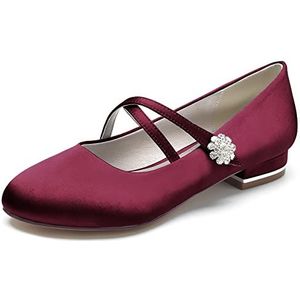 Womens Platte Bruids Schoenen Gesloten Teen Ballet Pumps Satijn Strass Kruis Strappy Party Trouwschoenen,Burgundy,36 EU