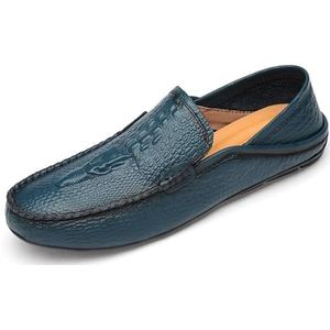 Heren loafers ronde neus effen kleur krokodillenprint leren loafer schoenen antislip platte hak lichtgewicht casual slip-ons (Color : Blue, Size : 45 EU)