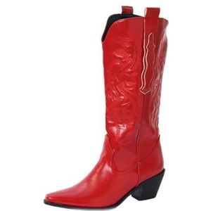 Lmtossey Dames geborduurde westerse kniehoge laarzen cowboy cowgirl laarzen dikke hak platform laarzen dames westerse schoenen, Rood, 43 EU