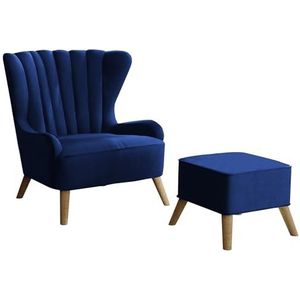 GREKPOL Schelpstoel, parels, moderne stoel voor woonkamer, Scandinavische stijl, oorstoel, gevoerde stoel met schelp-rugleuning, armleunstoel met houten poten, monoliet 77 blauw