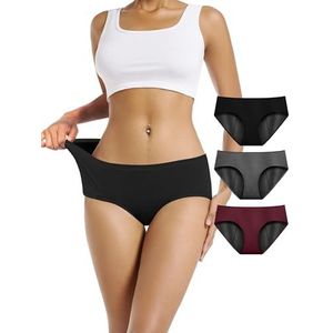 TIICHOO Menstruatieslip Zeer Overvloedig Doorvloeiend Absorberend Periodiek Controle Slipje Set van 3 (S, Zwart/Bordeaux/Grijs)