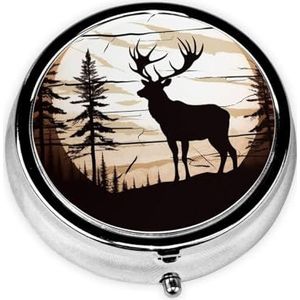 Wild Elk Silhouette Print Pillendoosje 3 Compartimenten Kleine Pillenhoes met Spiegel Pil Organizer voor Outdoor Reizen Pocket Purse