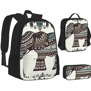 BTCOWZRV 3 Pack Canvas Bohemian Olifant Patroon Rugzak, Schoudertas voor Vrouwen Mannen, met Lunchbox Potlood Case