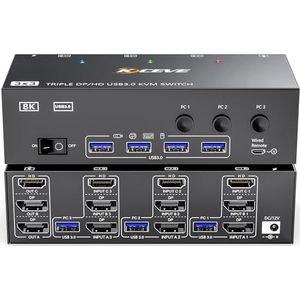 USB 3.0 KVM Switch 3 PC 3 Monitoren 8K@60Hz 4K@144Hz, HDMI+2 DisplayPort MLEEDA KVM Switch 3 Monitor Voor 3 PC Share 3 Monitoren en 4 USB 3.0 Apparaten met 12 V Voeding, Kabelcontroller, 3 * USB Kable