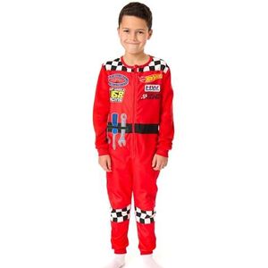 Hot Wheels Wielen jongens rompertje | Alles-in-één pyjama voor kinderen in rood | Nachtkleding Fleece jumpsuit met rits, racevlammen, gereedschap en geruit patroon | Romper uit één stuk Monteur