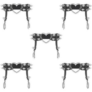 5 Set van 1x Vrouwen Lederen Dubbele Riem Hart Kousenband Elastische Klinknagel Stud Been Jarretelgordel, Zwart