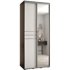 MEBLE KRYSPOL Davos 11 100 Kledingkast met twee schuifdeuren voor slaapkamer - Moderne Kledingkast met spiegel, kledingroede en planken - 235,2x100x45 cm - Zwart Wit Zilver