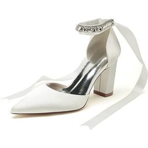 GHSIRUEU Puntige Teen Witte Trouwschoenen Voor Bruid Hoge Hakken Lint Tie Comfortabele Satijn Bruiloft Dress Schoenen,ivoor,35 EU