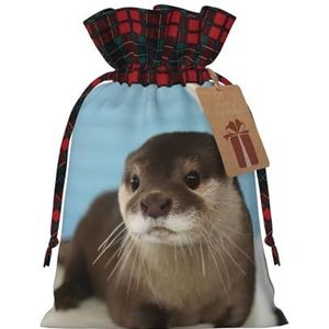 OPSREY schattige otter bedrukte herbruikbare kerstcadeauverpakking tas met trekkoord geschenkzakje