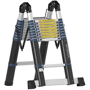WORHAN® 5.6m Dubbel Telescopisch Opvouwbaar Uitschuifbaar Multifunctioneel Aluminium A-Frame Robuuste Ladder Opstapladder K5.6