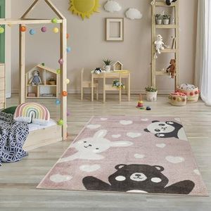 Vloerkleed kinderkamer - tapijten voor kinderkamer, kindertapijt, kindertapijt meisjes, beer, haas, panda, hart - lichtroze - grootte - 80x150 cm