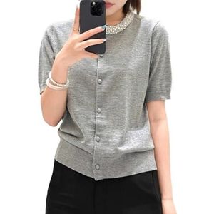 GKEIOSHQIL Dames korte mouw vesten wollen mix Pearl Crewneck Button Down Casual gebreide vest tops,Grijs,L