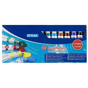 Stylex 28651 Set acrylverf, 12 tubes à 12 ml, op waterbasis, mat, hoge dekkings- en kleurkracht, lichtbestendig, sneldrogend en waterdicht
