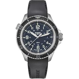 Traser Heren analoog kwarts horloge met rubberen armband 109374, zilver-zwart-blauw, Armband