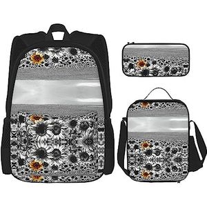 OdDdot Schoolrugzakset, reisrugzak, lichtgewicht boekentas, met lunchtas, etui - vogel vlinder bloemenprint, Zwarte en witte zonnebloemen, Eén maat, Schooltas Set