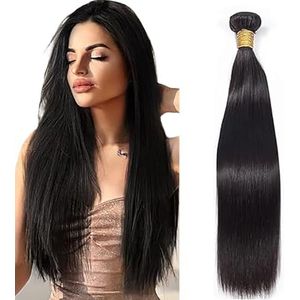 Salharer Straight Human Hair Bundles Single Extensions Machine Double Wefts Unprocessed Remy Weave #1B Black Color for Woman 30 Inch