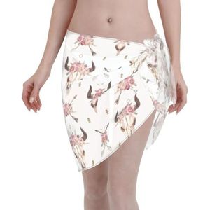 Tribal Bull Skull On White Print Elegant Beach Wrap, Bikini Cover Up, Badmode Jurk voor Vrouwen, Perfect voor Zwembad en Resort, Zwart, one size