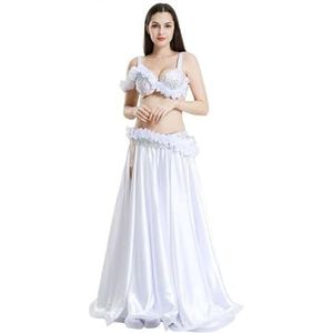 Professioneel buikdans kostuum voor dames Carnavalwedstrijd dansoutfits Buikdans top bh en riem lange rok 3-delige set,Wit,L