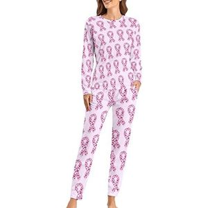 Roze lint Borstkanker Bewustzijn Zachte Dames Pyjama Lange Mouw Warm Fit Pyjama Loungewear Sets met Zakken 2XL