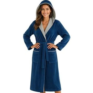 Morgenstern dames badstof badjas met capuchon van 100% katoen velour blauw S