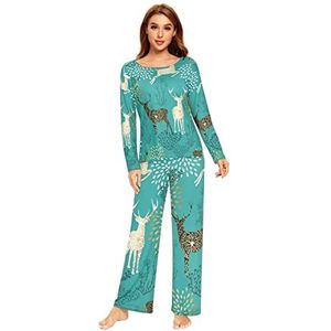 Womens Pyjama Sets Kerst Rendier Herten Pj Set Lange Mouw Top Lange Broek 2 Stuk Loungewear Nachtkleding Nachtkleding, Multi kleuren, M