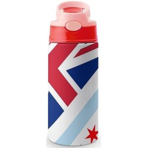 Engeland Chicago Vlag 12 oz waterfles met rietje koffie beker water beker roestvrij staal reizen mok voor vrouwen mannen roze stijl
