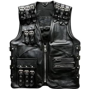 A&M Express Heren echt lederen punk biker bende vest - zwart verstelbare motorfiets bovenkleding stijlvol rijvest, Zwart, XS