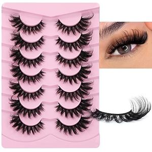 Cat Eye Valse Eeylashes Faux Mink Wimpers Wispy Cat Eye 6D Volume Russische Strip D Krul Dikke Gekruiste Zachte Nep Wimpers 7 paar Pack [Fox Eye 01,]