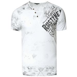 T-Shirt heren Verwassen Used Look Zijdelingse Logo Print Ronde hals met knoopsluiting V-hals Optiek 240, wit, XXL