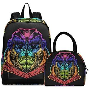 Kleurrijke aapen-orang-Utan-König boekentas lunchpakket set schouderrugzak boektas kinderrugzak geïsoleerde lunchbox-tas voor meisjes jongens