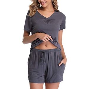 Vlazom Pyjama’s voor Dames V-Neck Zacht Nachtkleding Zomer Pyjama Set Korte Korte Mouw Loungewear met Zakken Trekkoord