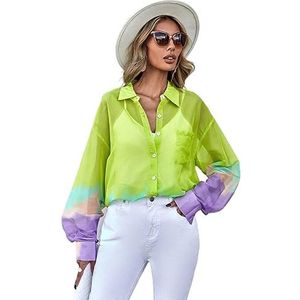 dames topjes Doorschijnend overhemd met verlaagde schouderzak en kleurvlakken (Color : Multicolore, Size : L)