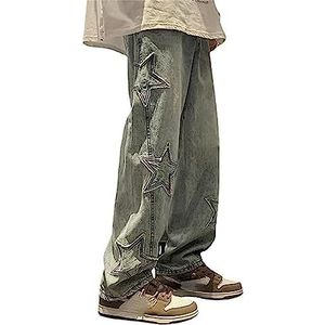 MuziZy Dames Vintage Star Patchwork Y2K Baggy Jeans Hoge Taille Rechte Been Broek Emo Grunge Denim Broek met zakken, Blauw, L
