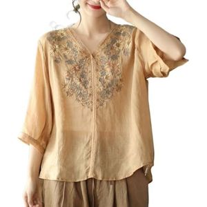 Dames Retro Etnische Stijl Chinese Tops Plus Size Losse Flowy Shirts Prachtig Borduurwerk Traditionele Hanfu Blouse (Color : Khaki, Size : 4XL)