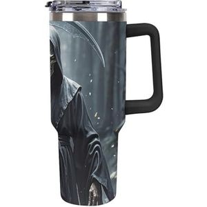 STVNKML 40 oz beker met handvat Magere Hein RVS koffiemok herbruikbare reismok lekvrije geïsoleerde autobeker grote capaciteit beker voor reizen, buiten, thuisgebruik (zwart)